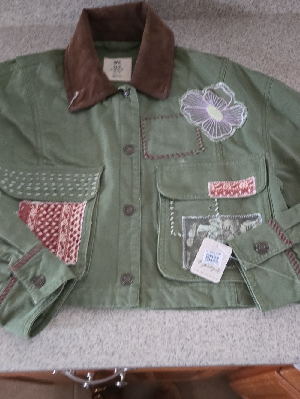 We The Free Olive Green Embroidered Patchwork Jacket with Brown Collar. XS. NEW!
